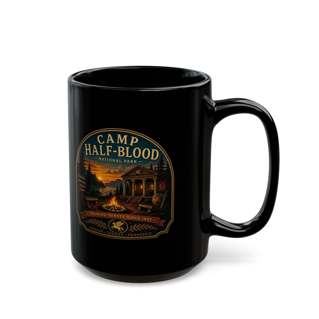 Camp Half-Blood Black Mug — Mythical Cabin & Campfire Coffee Cup (11oz/15oz)
