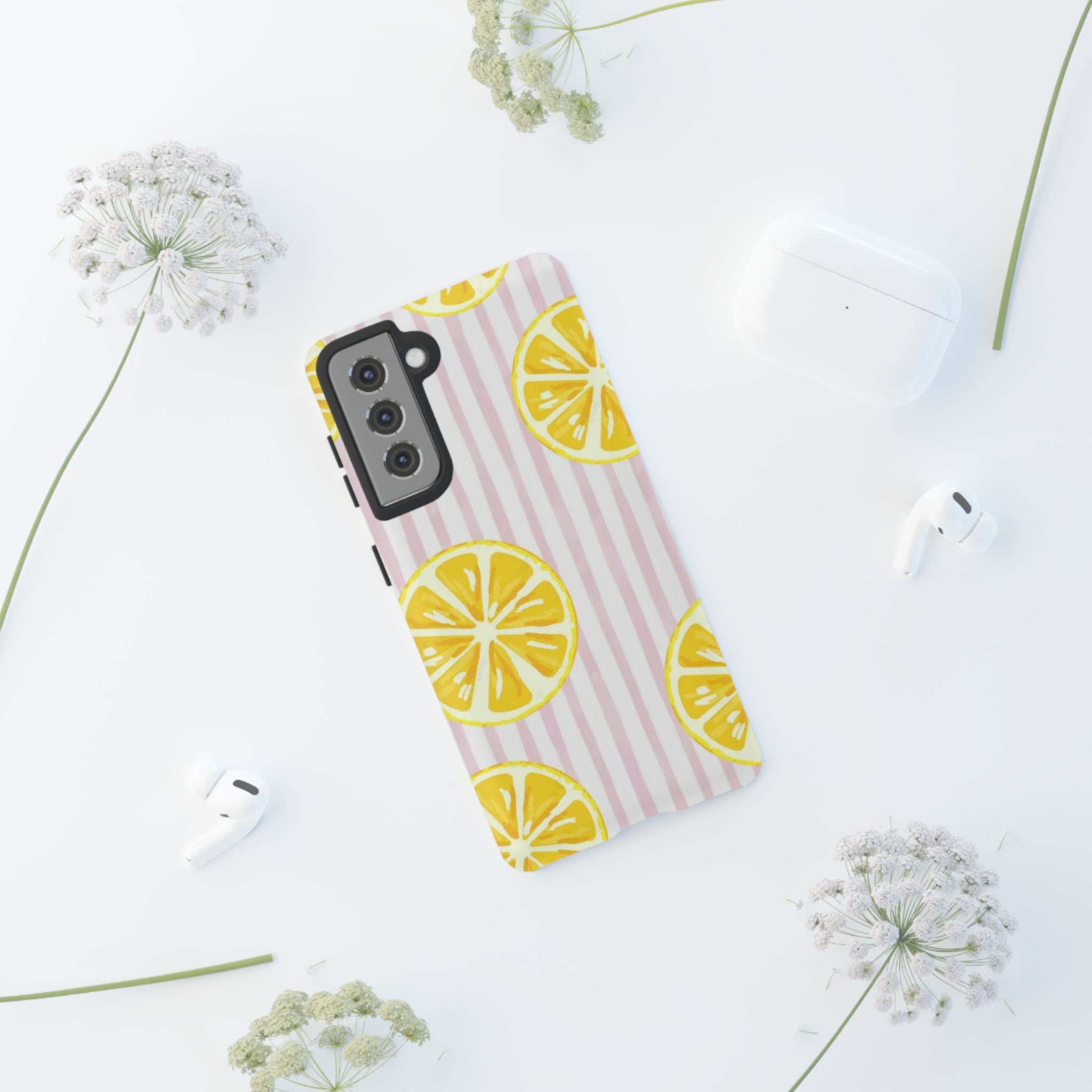 Lemon Slices Tough Case — Cute Pink Stripe Phone Cover