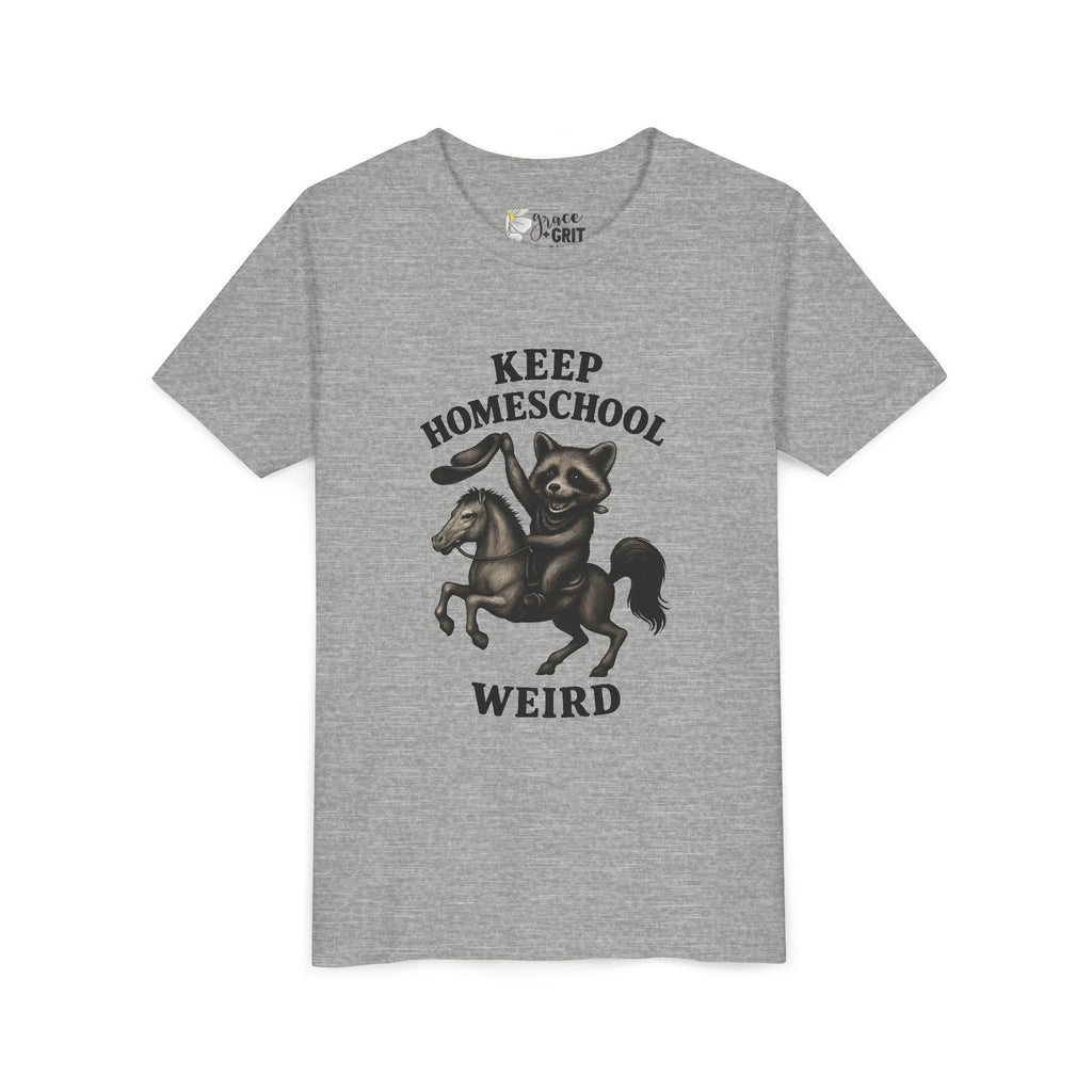 Keep Homeschool Weird Youth Tee | Raccoon Riding Horse Illustration