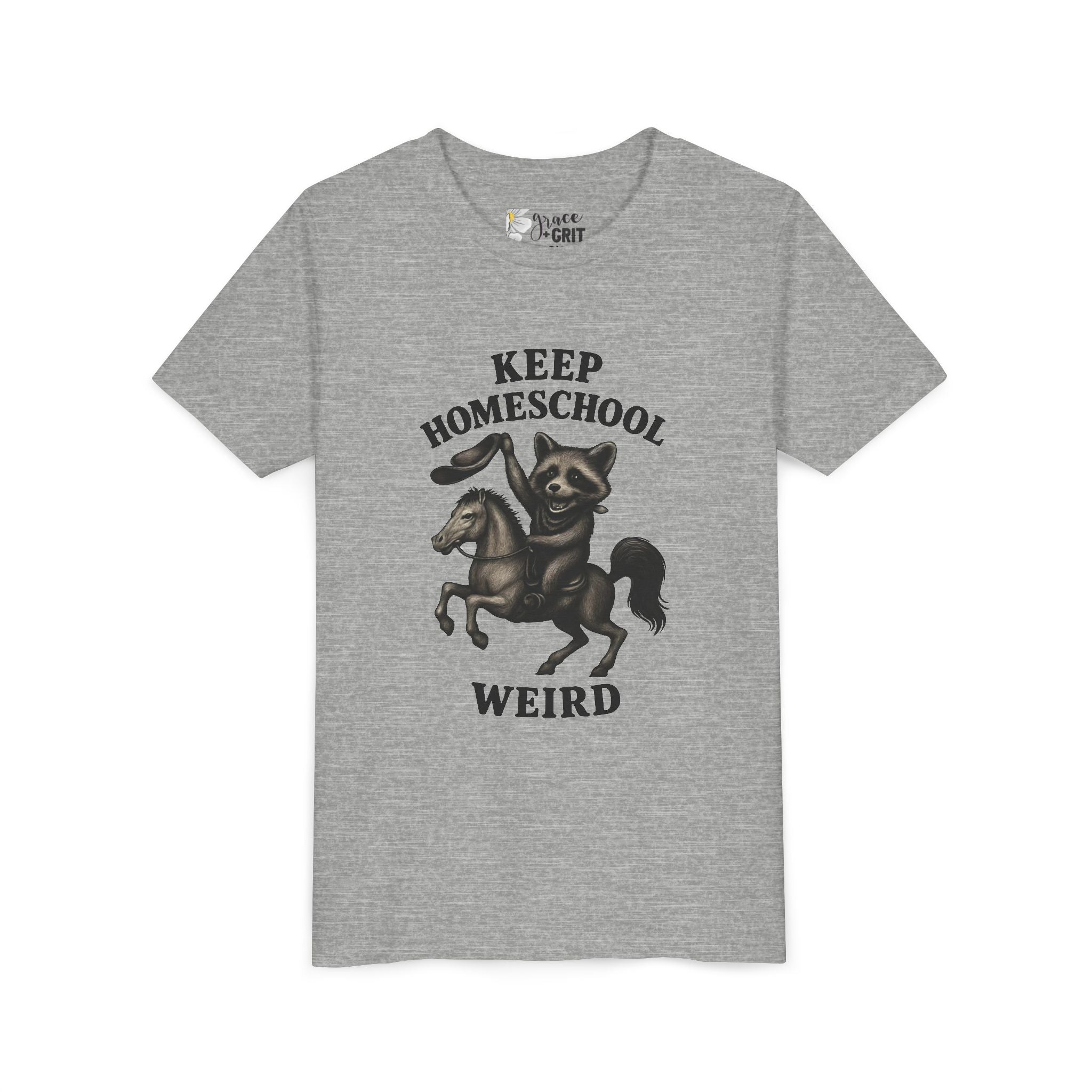 Keep Homeschool Weird Youth Tee | Raccoon Riding Horse Illustration