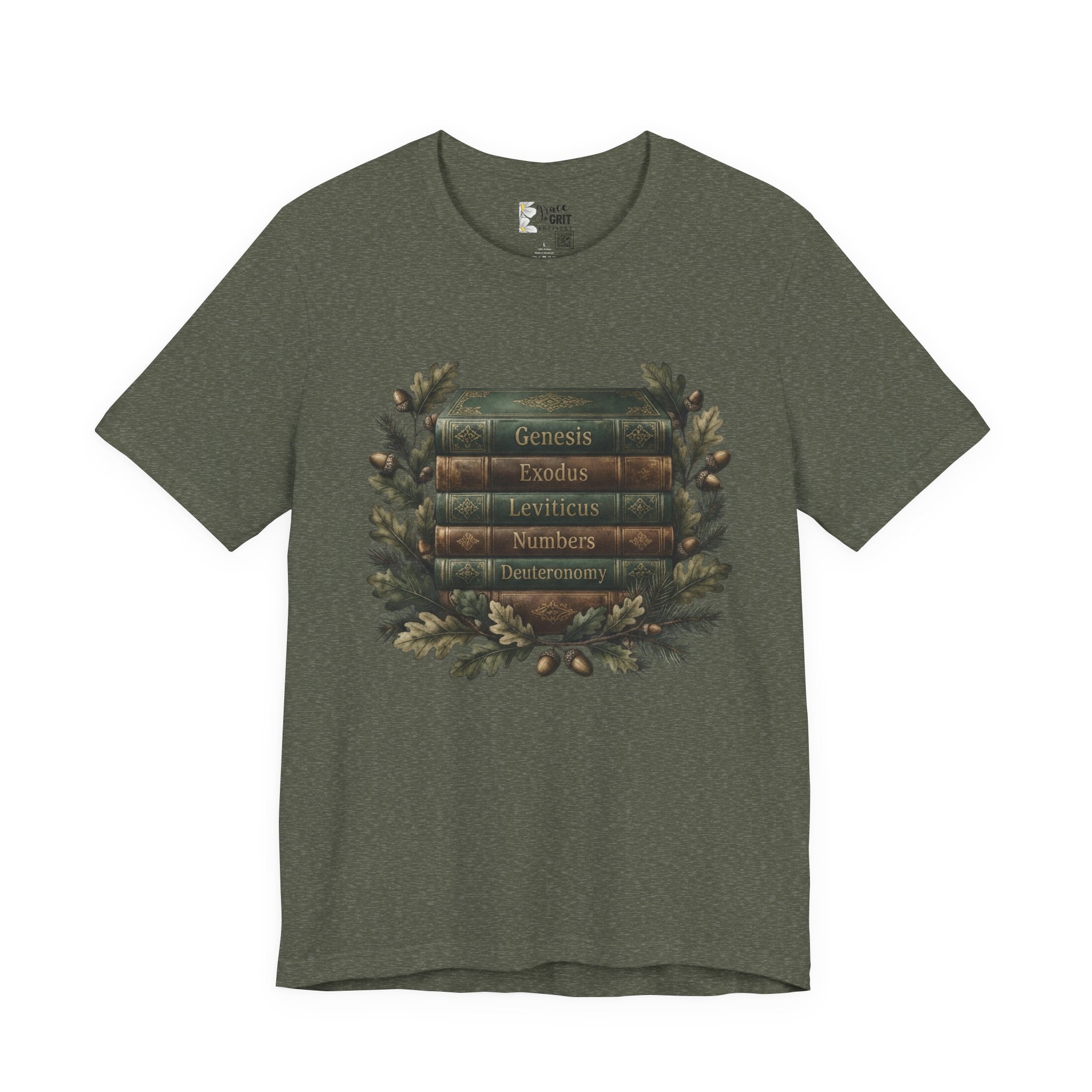Bible Verse Stack T-Shirt — Genesis Exodus Leviticus Numbers Deuteronomy Floral Graphic
