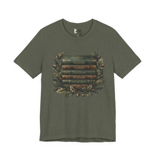 Bible Verse Stack T-Shirt — Genesis Exodus Leviticus Numbers Deuteronomy Floral Graphic