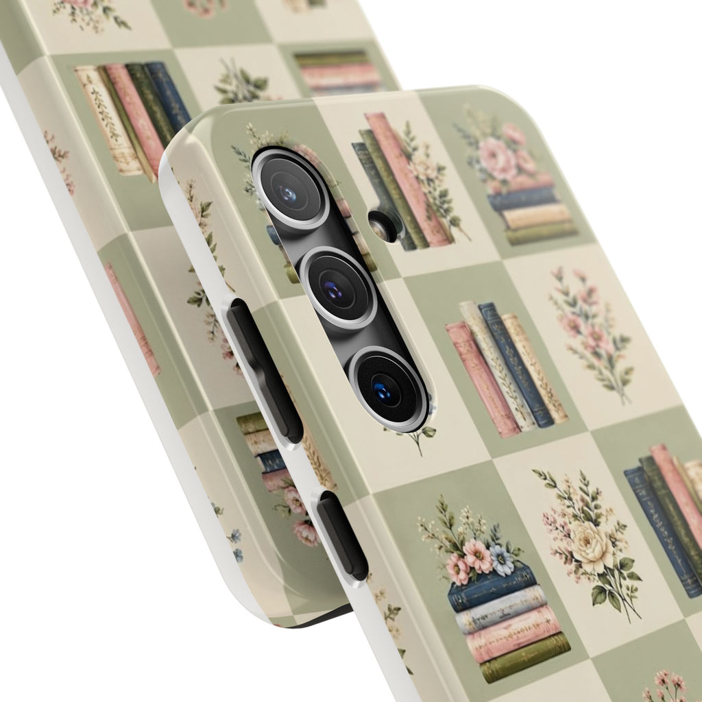 Floral Bookshelf Tough Phone Case — Vintage Floral & Stacked Books Pattern