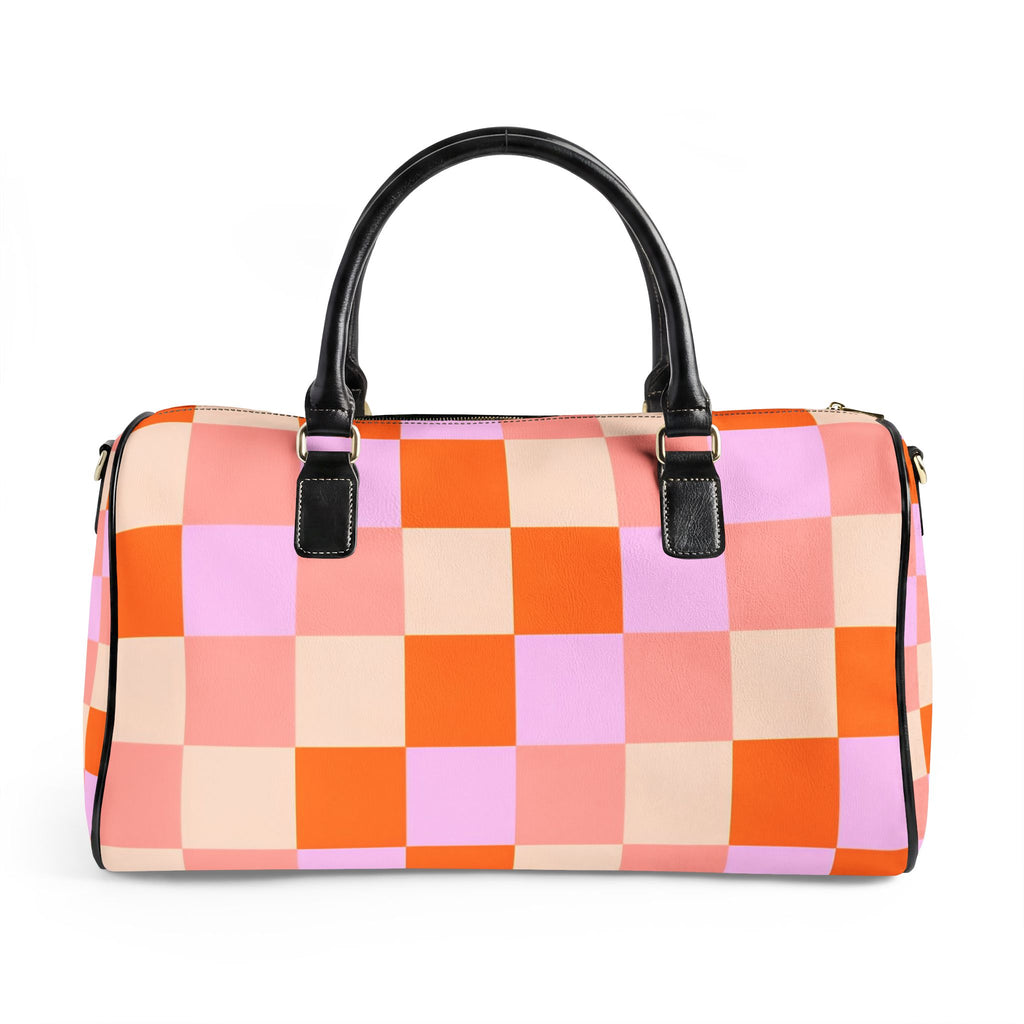 Pink Orange Checkerboard Faux Leather Travel Bag