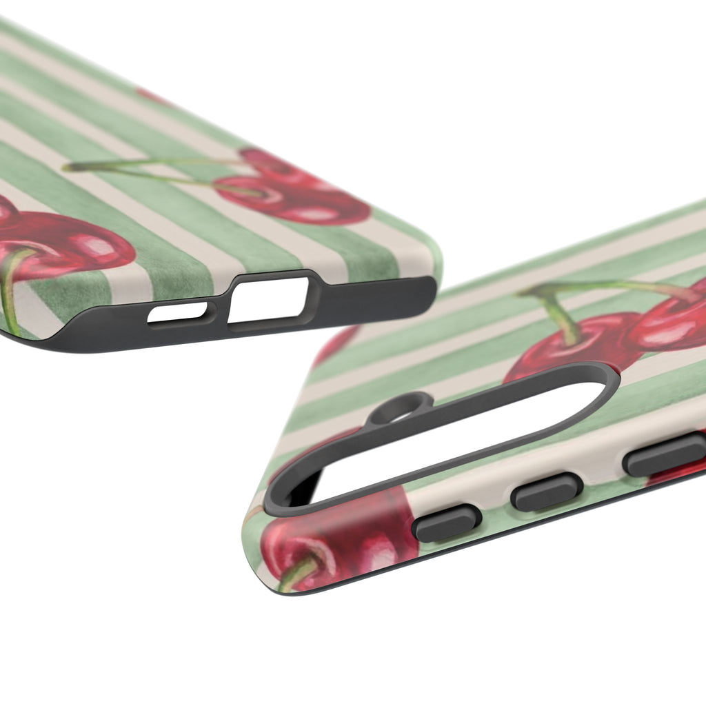Cherry Stripe Phone Case – Retro Watercolor Cherries on Mint Stripes