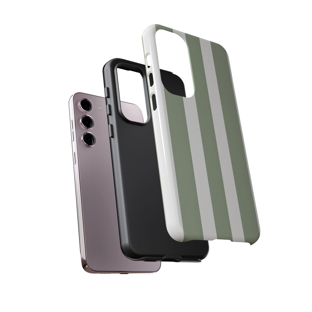 Striped Sage Tough Phone Case — Durable Green & White Vertical Stripe Phone Cover