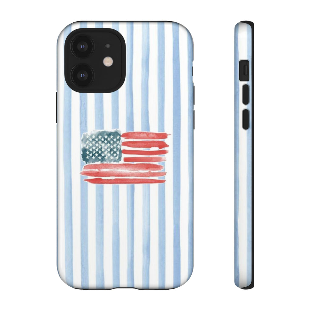 American Flag Watercolor Phone Case - Blue Stripe Tough Case