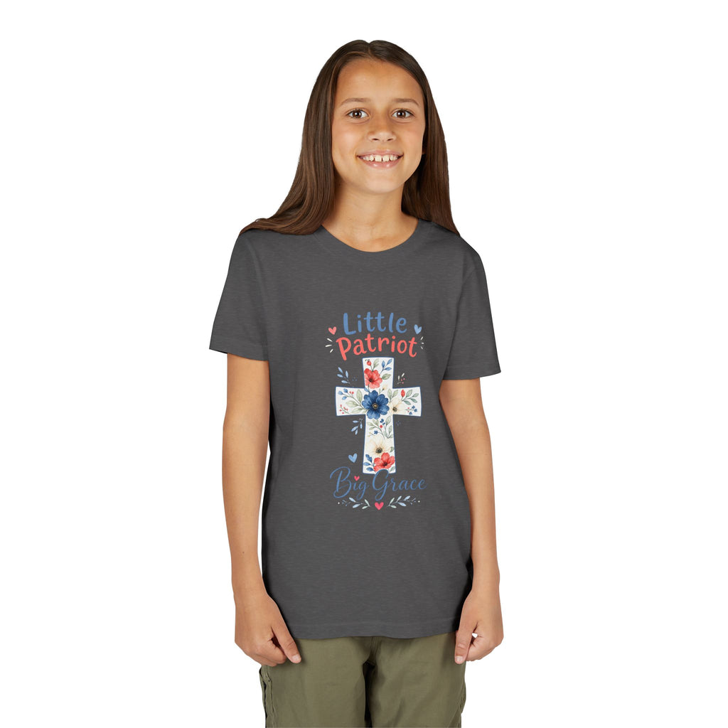 Little Patriot Big Grace Youth Tee — Floral Cross Christian Kids Shirt