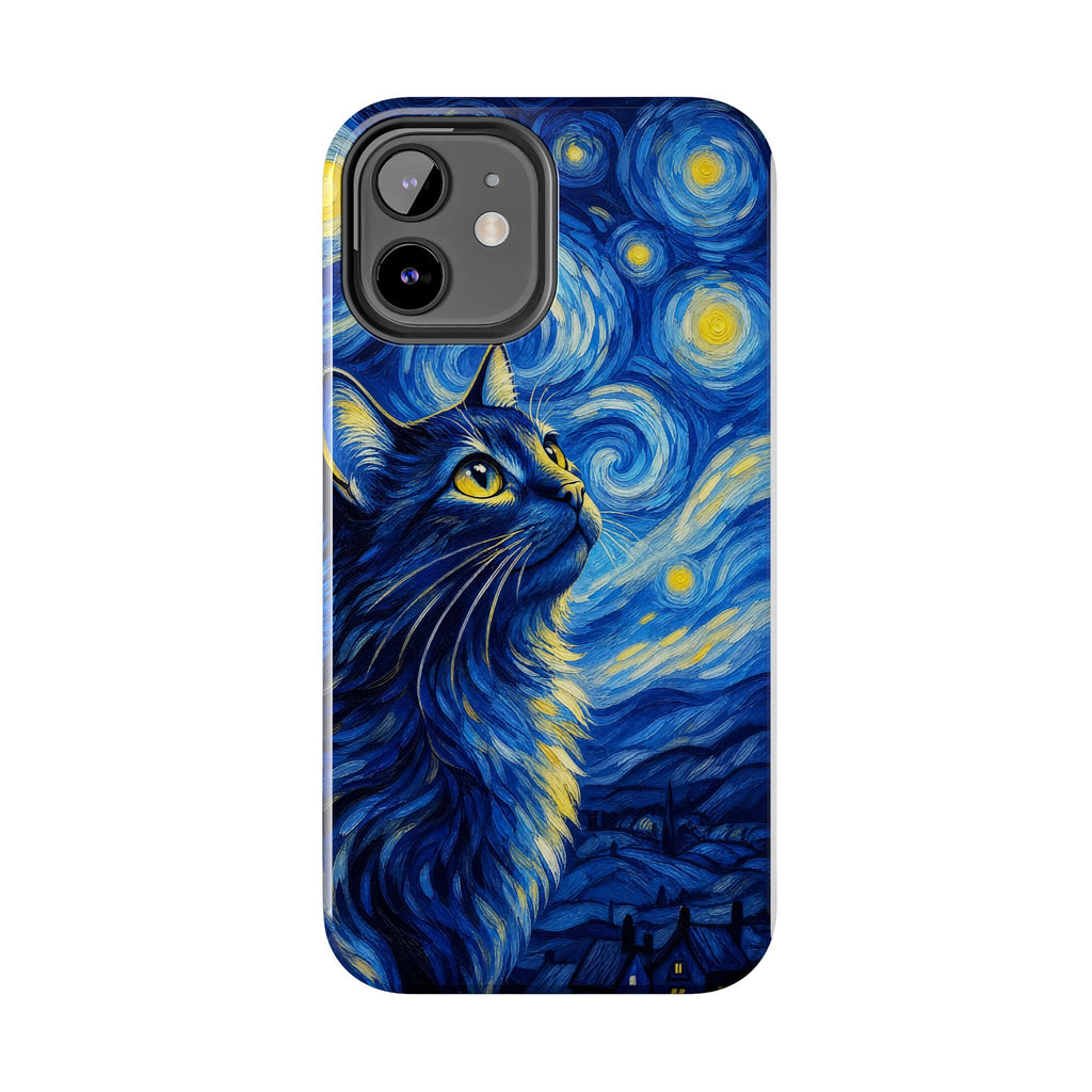 Starry Night Cat Tough Phone Case — Van Gogh Style Galaxy Kitten Protective Cover