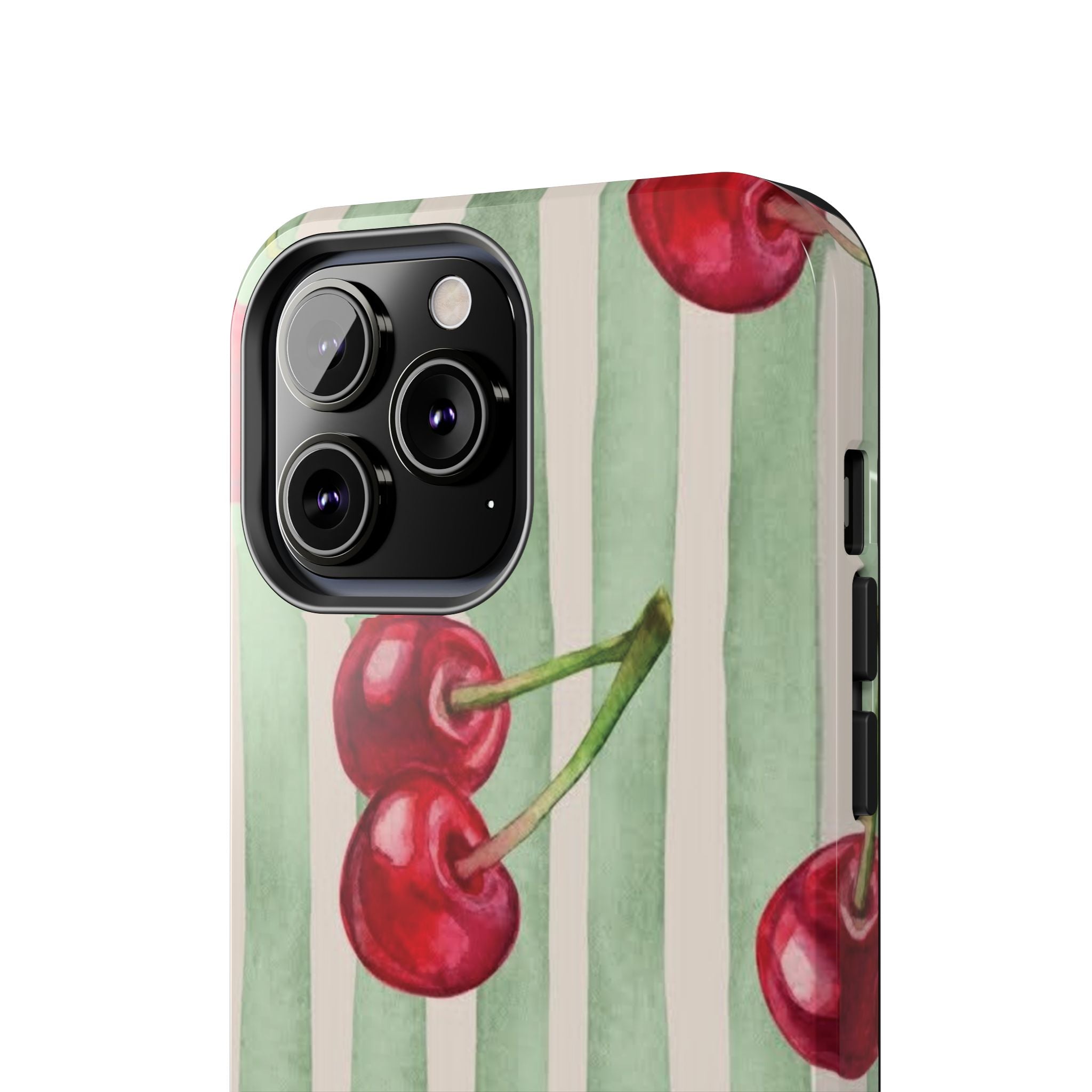 Cherry Stripe Tough Phone Case — Retro Watercolor Cherry Pattern Durable Phone Case