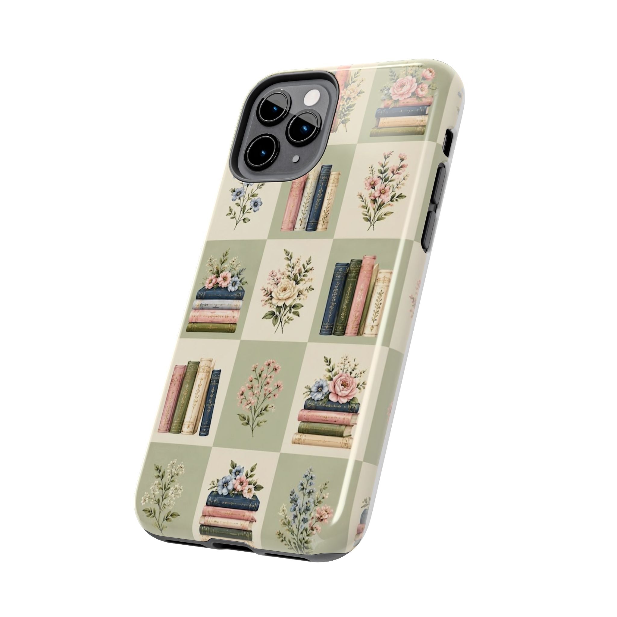 Floral Bookshelf Tough Phone Case — Vintage Floral & Stacked Books Pattern