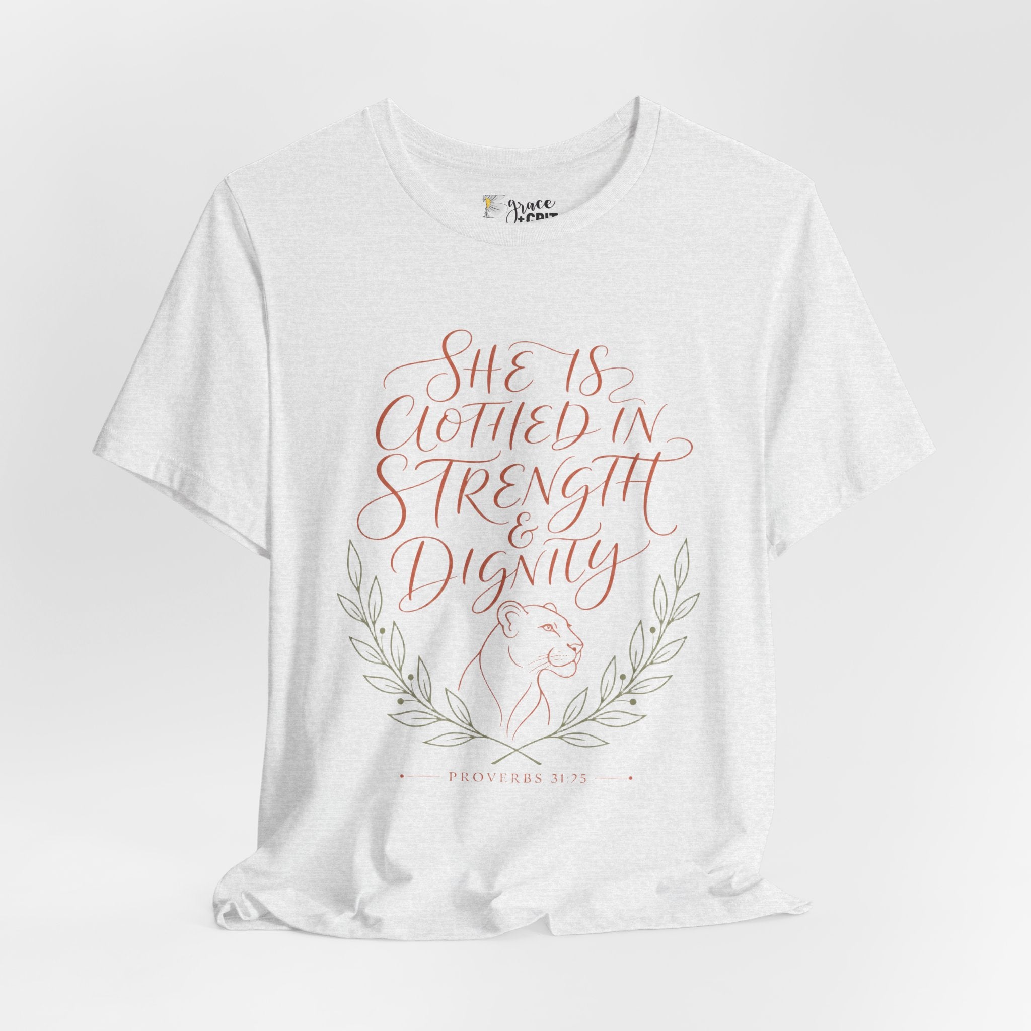 She Is Clothed in Strength & Dignity Tee — Inspirational Christian Women's Graphic T-Shirt
