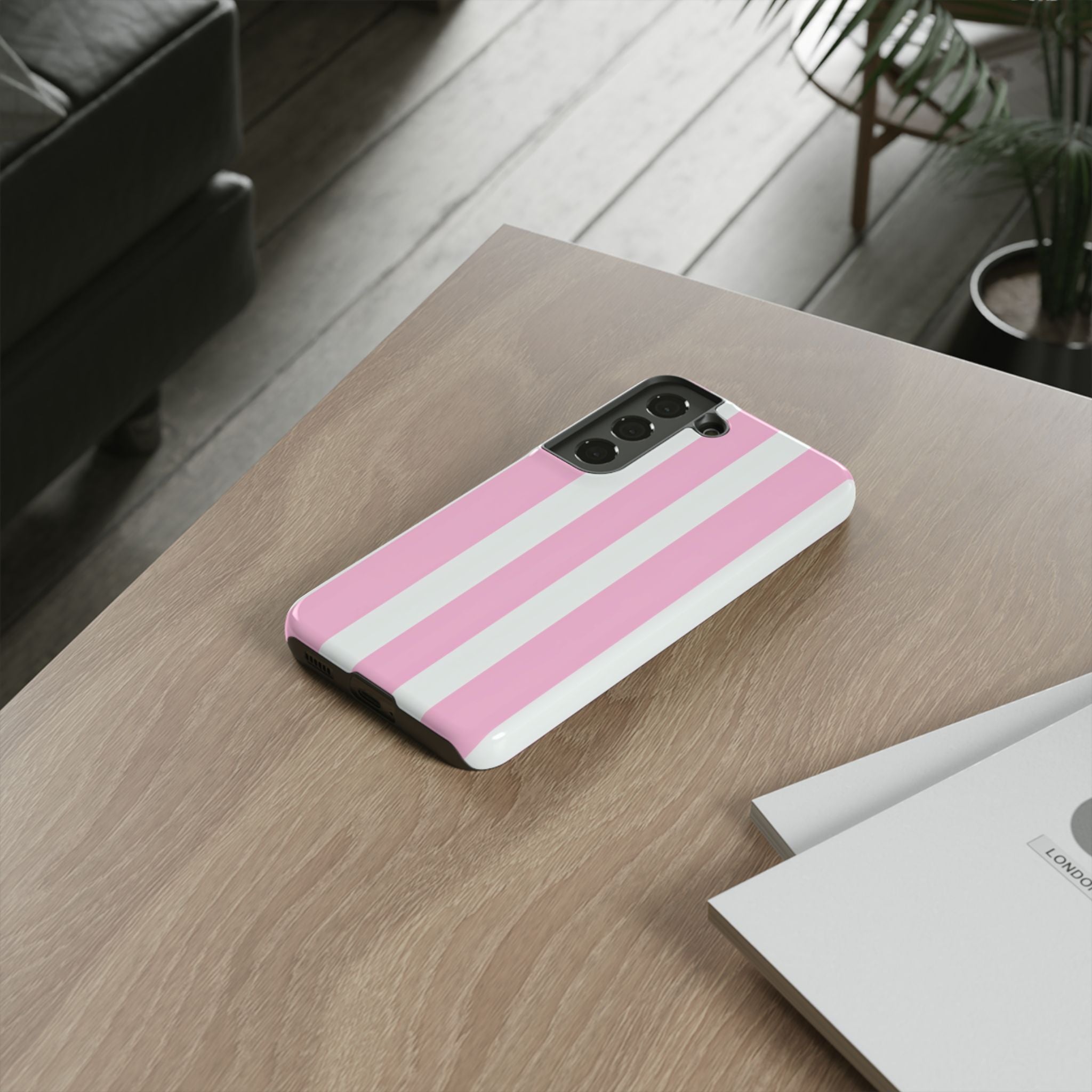Pink & White Striped Tough Phone Case — Durable Protective Phone Cover