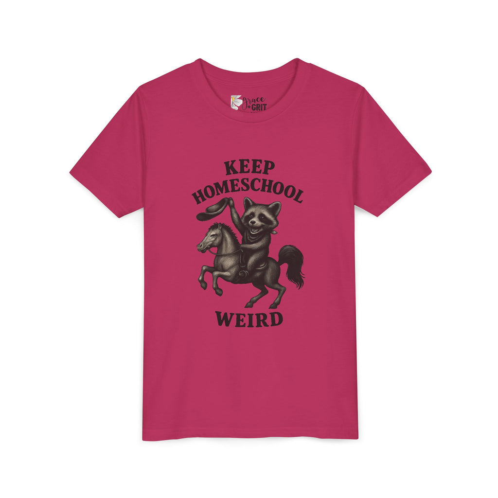 Keep Homeschool Weird Youth Tee | Raccoon Riding Horse Illustration