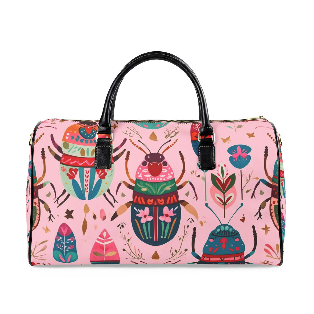 Faux Leather Travel Bag – Colorful Beetle & Botanical Print Weekender