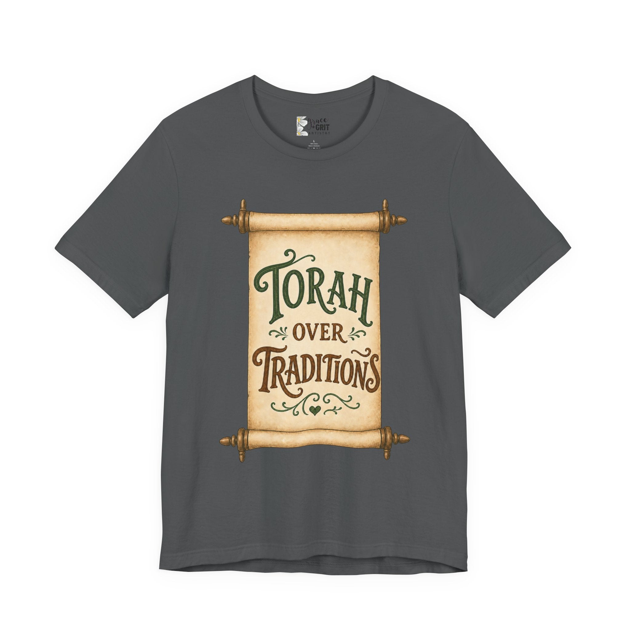 Torah Over Traditions Tee | Scroll Typography Jewish Faith Shirt