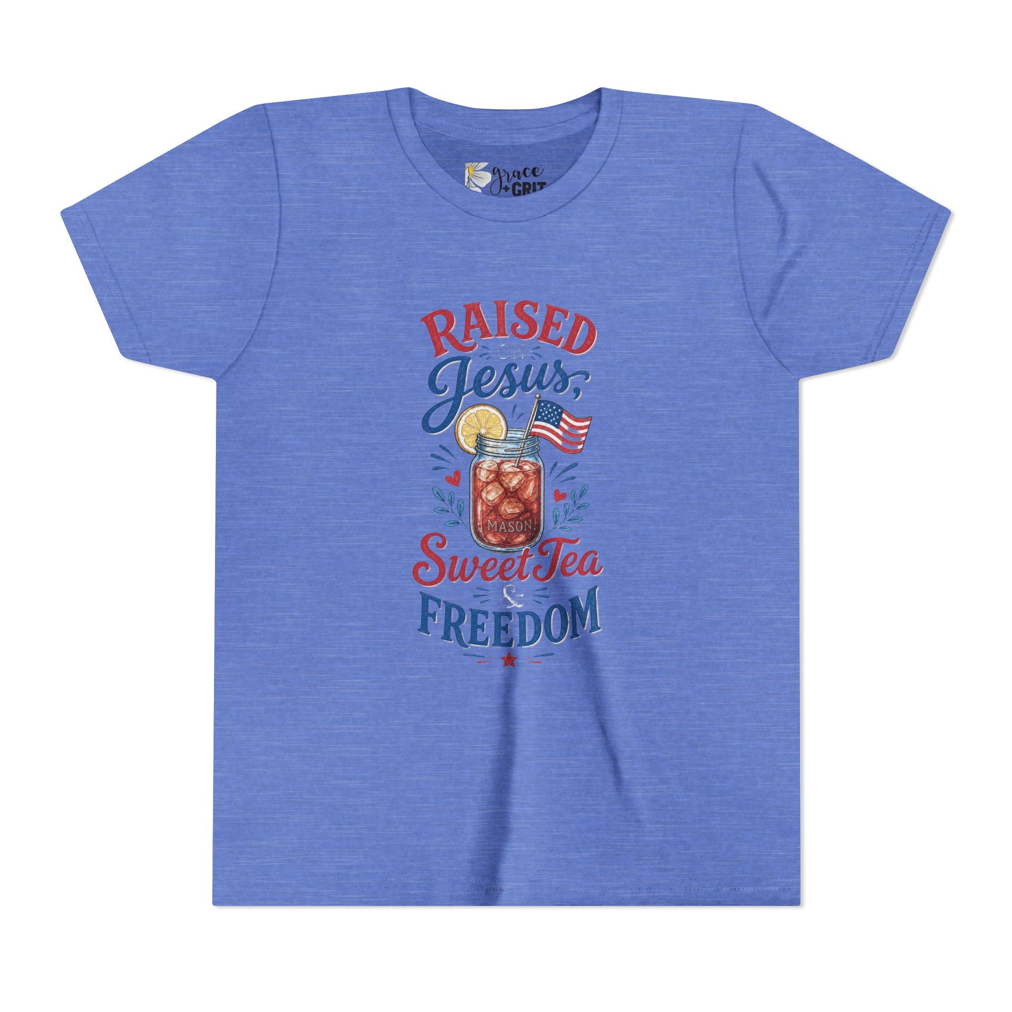 Youth Tee — "Raised Jesus, Sweet Tea, Freedom" Patriotic Christian Graphic