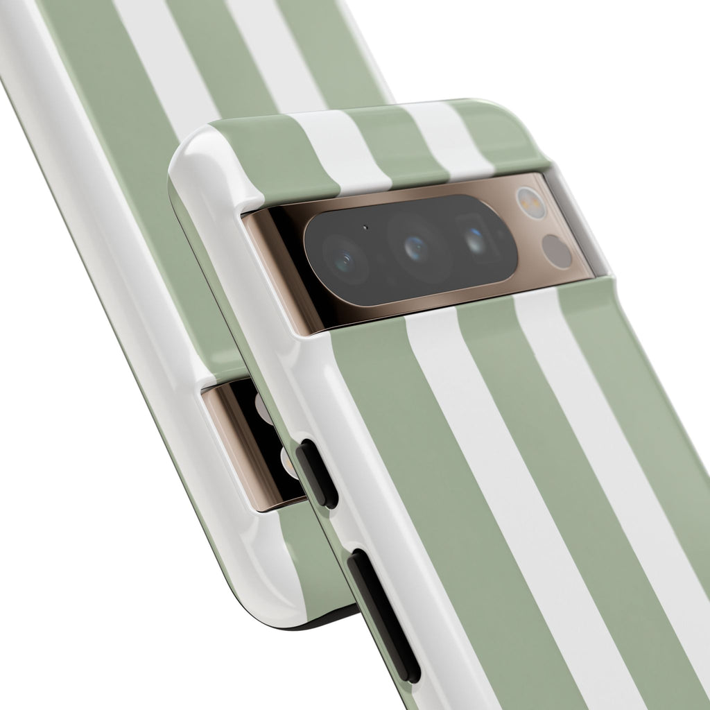 Striped Sage Tough Phone Case — Durable Green & White Vertical Stripe Phone Cover