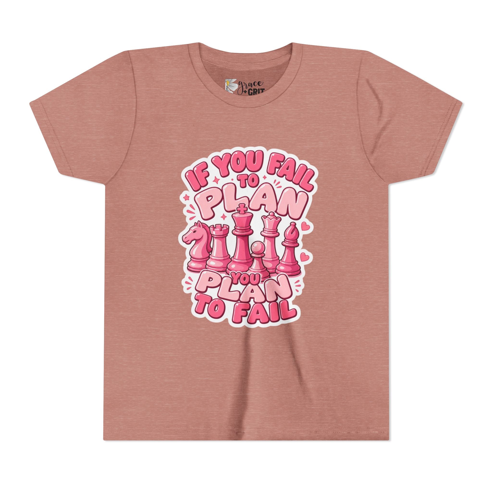 Youth Chess T‑Shirt — "If You Fail to Plan You Plan to Fail" Pink Chess Pieces Tee