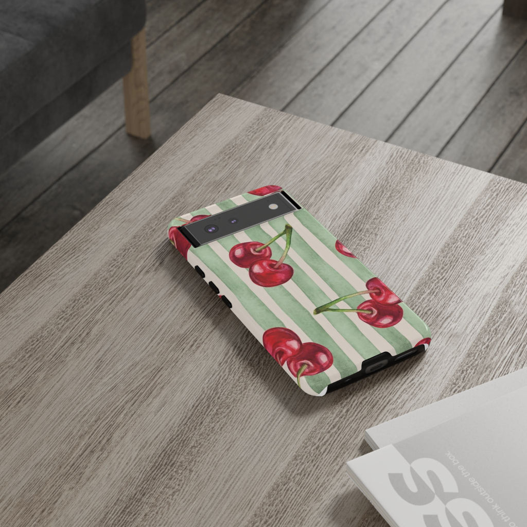 Cherry Stripe Phone Case – Retro Watercolor Cherries on Mint Stripes