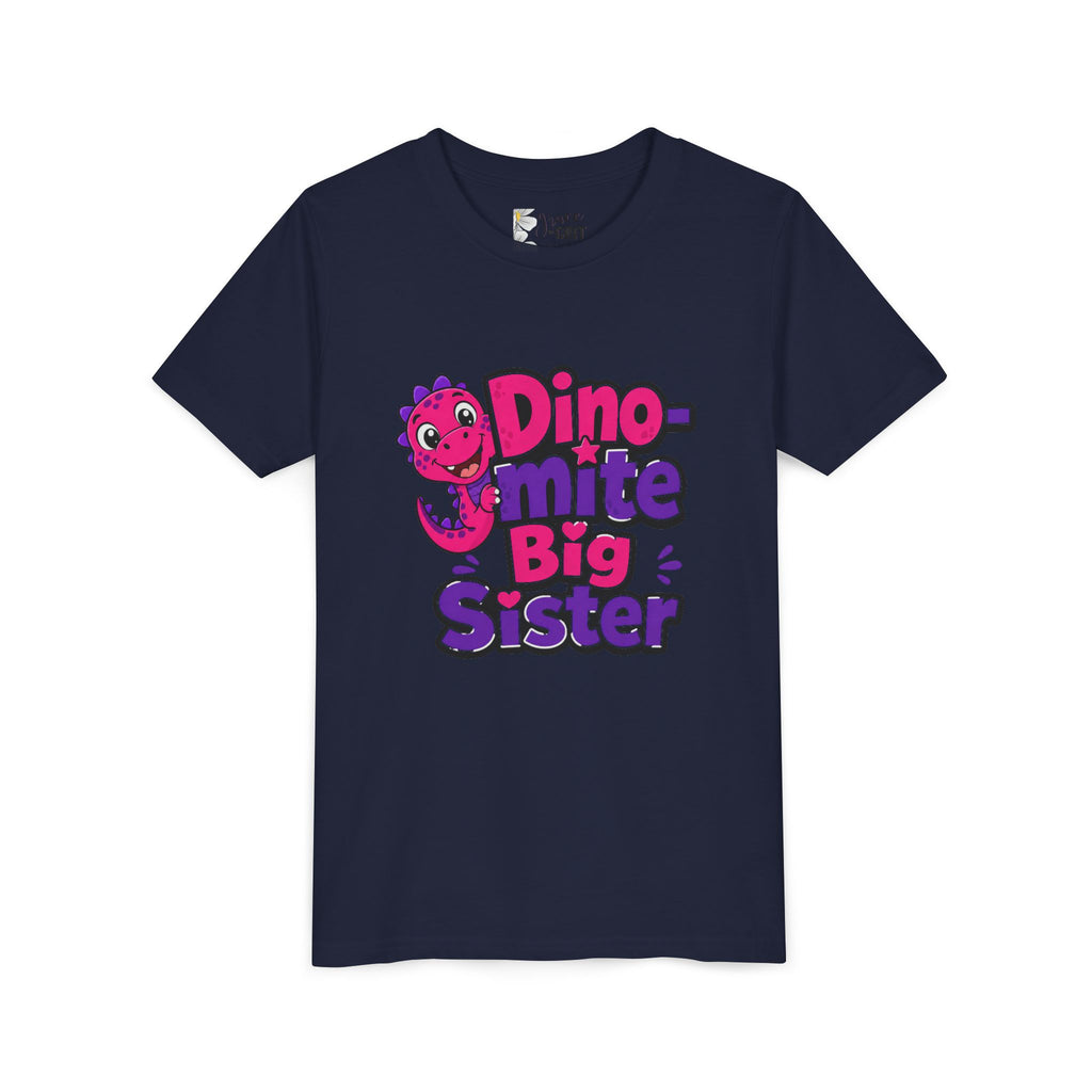 Dino-mite Big Sister Youth Tee — Cute Pink Dinosaur Big Sister Shirt