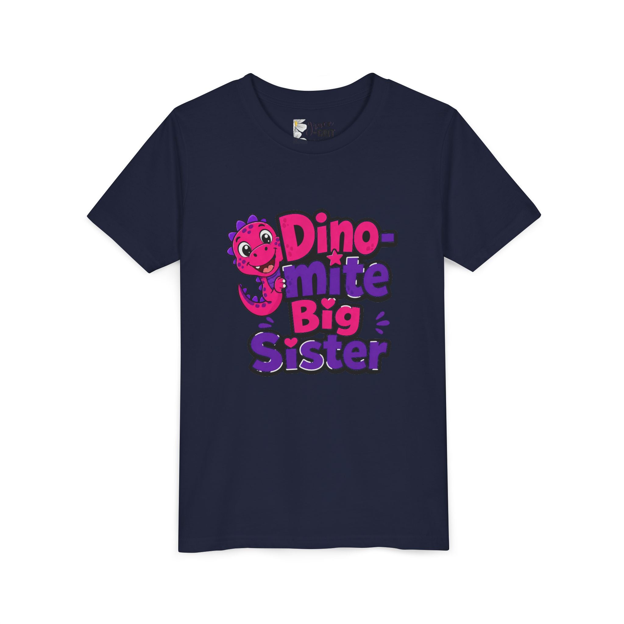 Dino-mite Big Sister Youth Tee — Cute Pink Dinosaur Big Sister Shirt