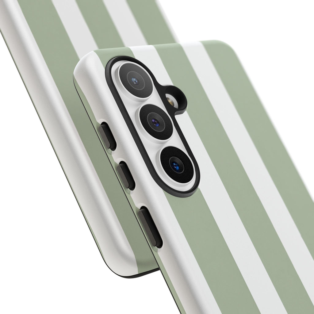 Striped Sage Tough Phone Case — Durable Green & White Vertical Stripe Phone Cover