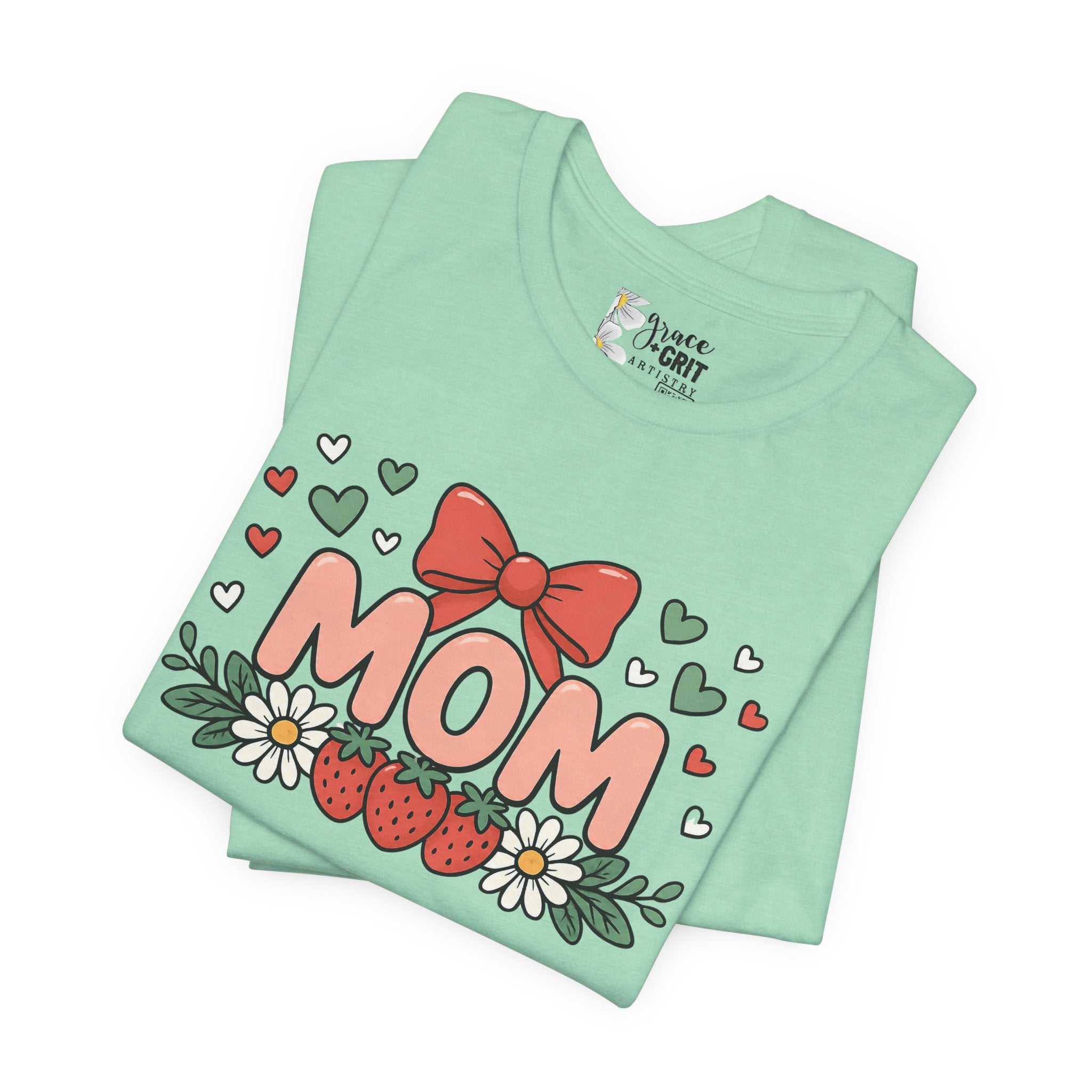 Mom Floral Bow T‑Shirt — Cute Strawberry & Daisy Mother's Day Tee