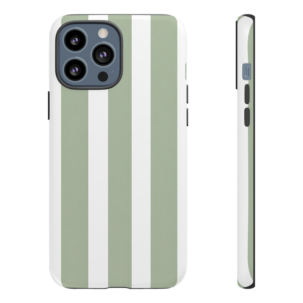 Striped Sage Tough Phone Case — Durable Green & White Vertical Stripe Phone Cover