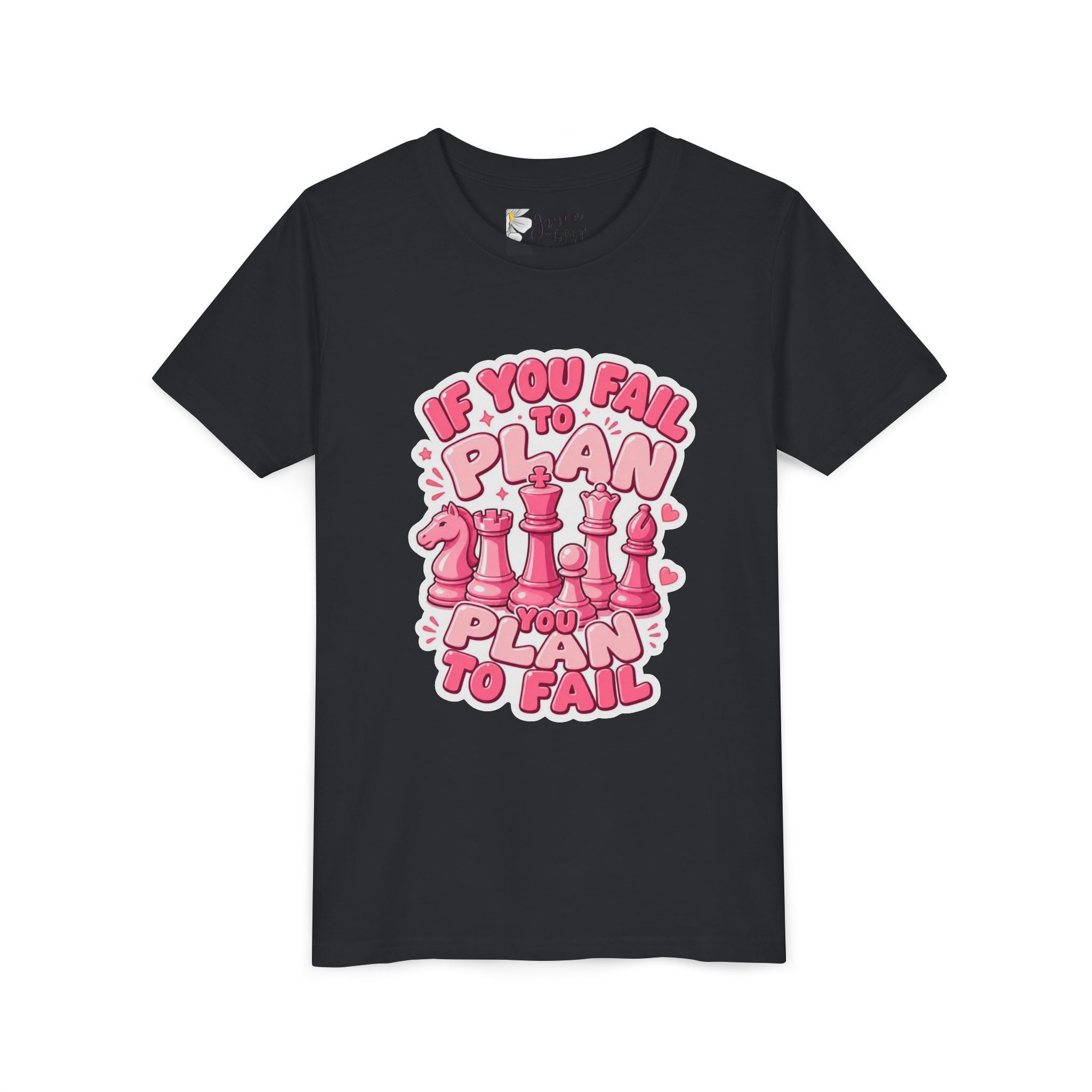Youth Chess T‑Shirt — "If You Fail to Plan You Plan to Fail" Pink Chess Pieces Tee