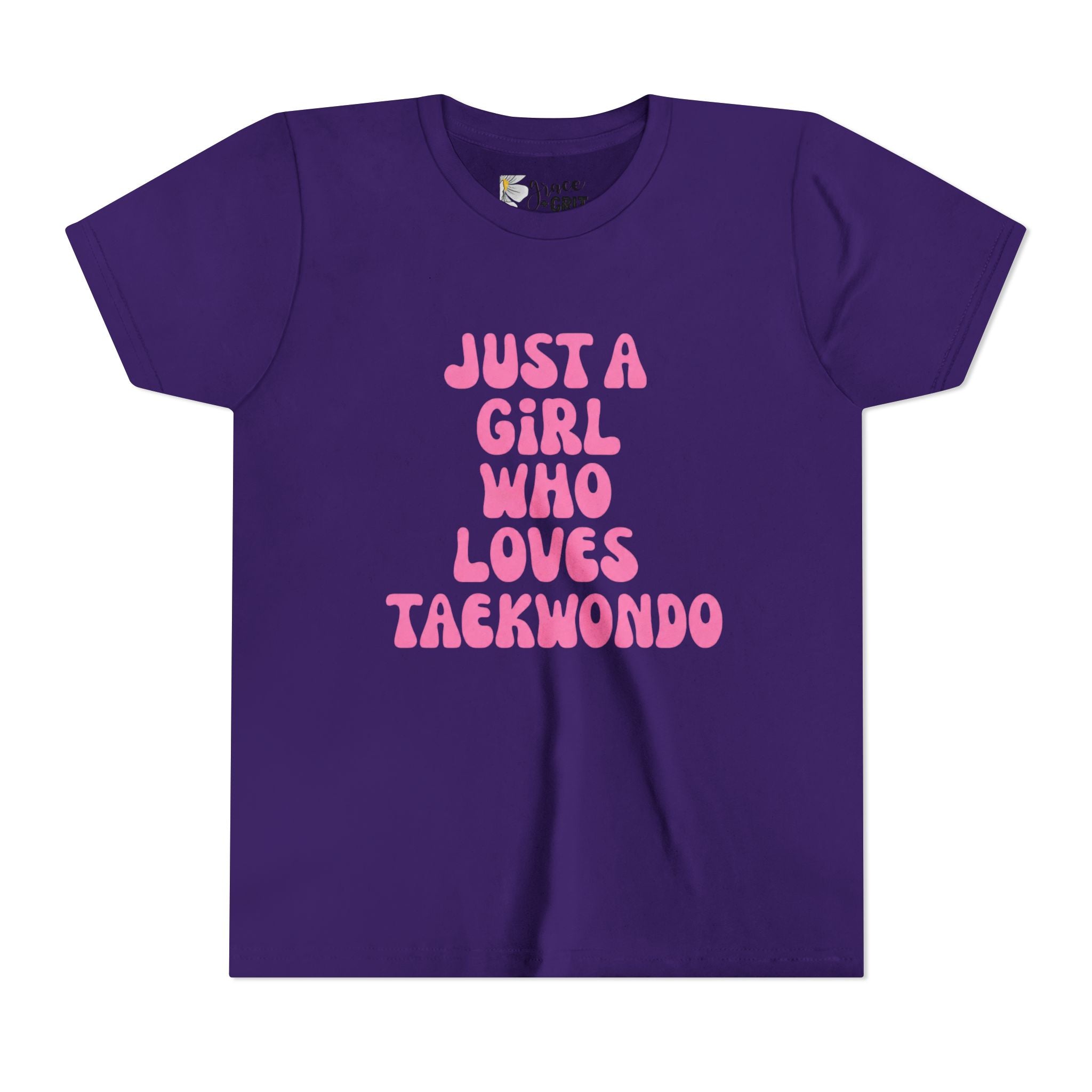 Just a Girl Who Loves Taekwondo Youth Tee | Pink Text Martial Arts Shirt
