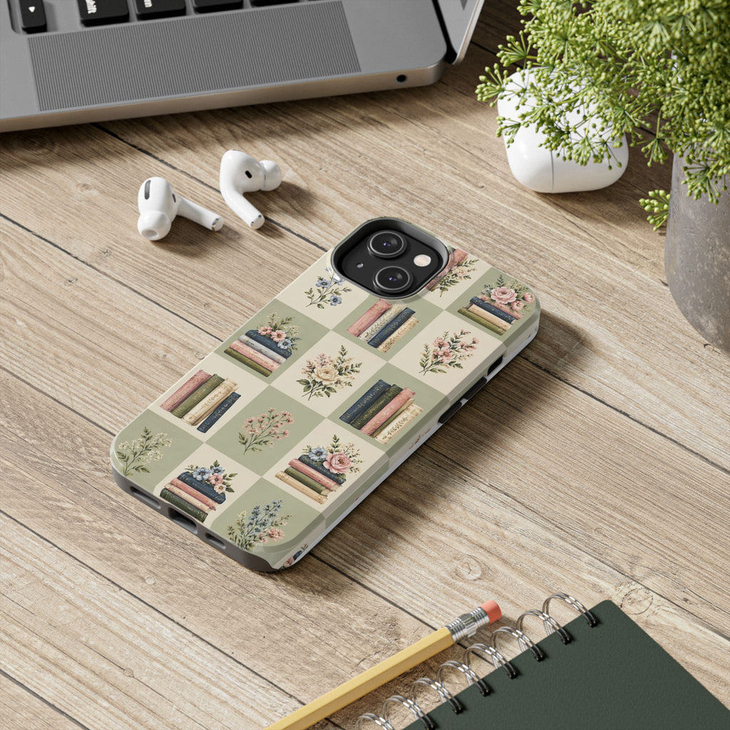 Floral Bookshelf Tough Phone Case — Vintage Floral & Stacked Books Pattern