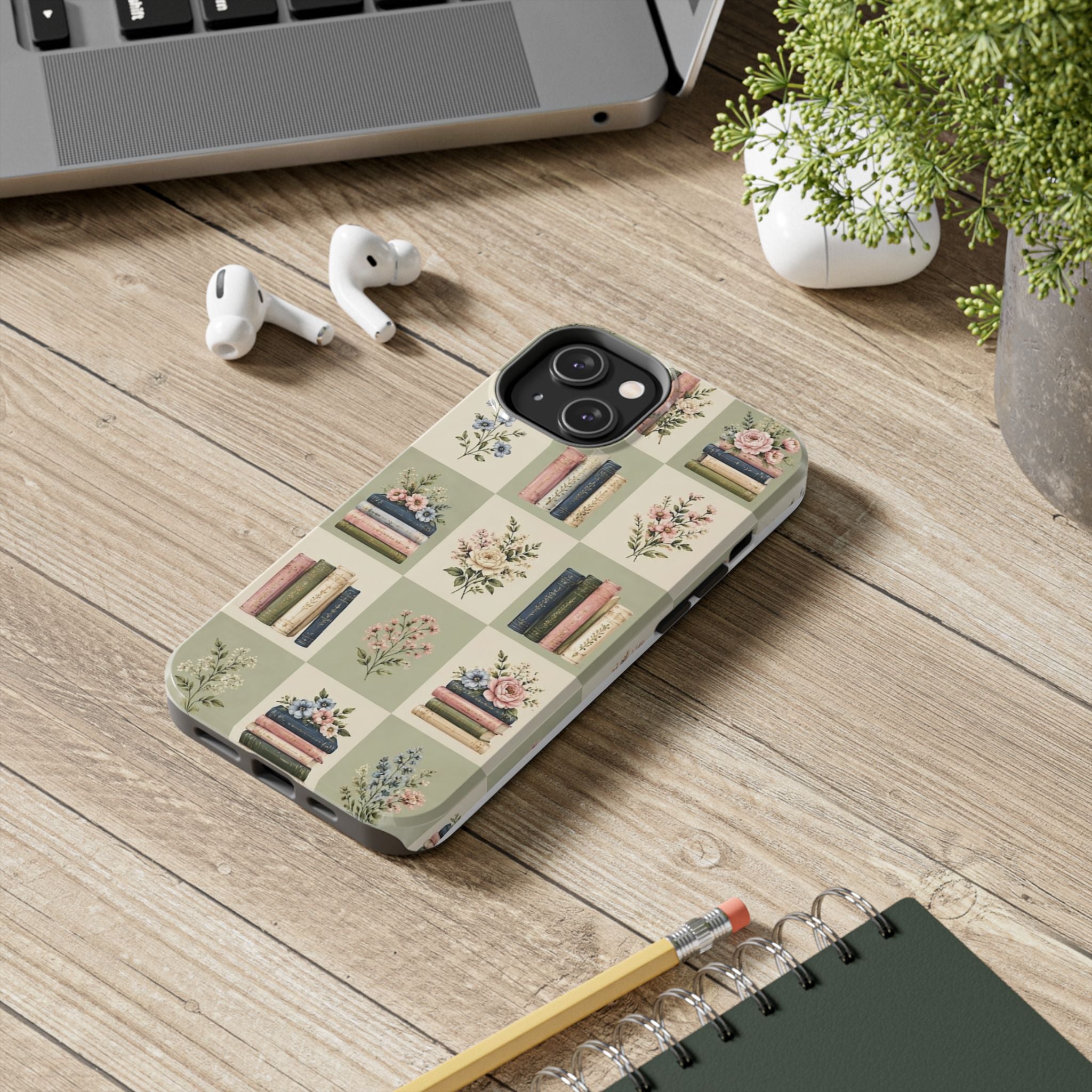Floral Bookshelf Tough Phone Case — Vintage Floral & Stacked Books Pattern