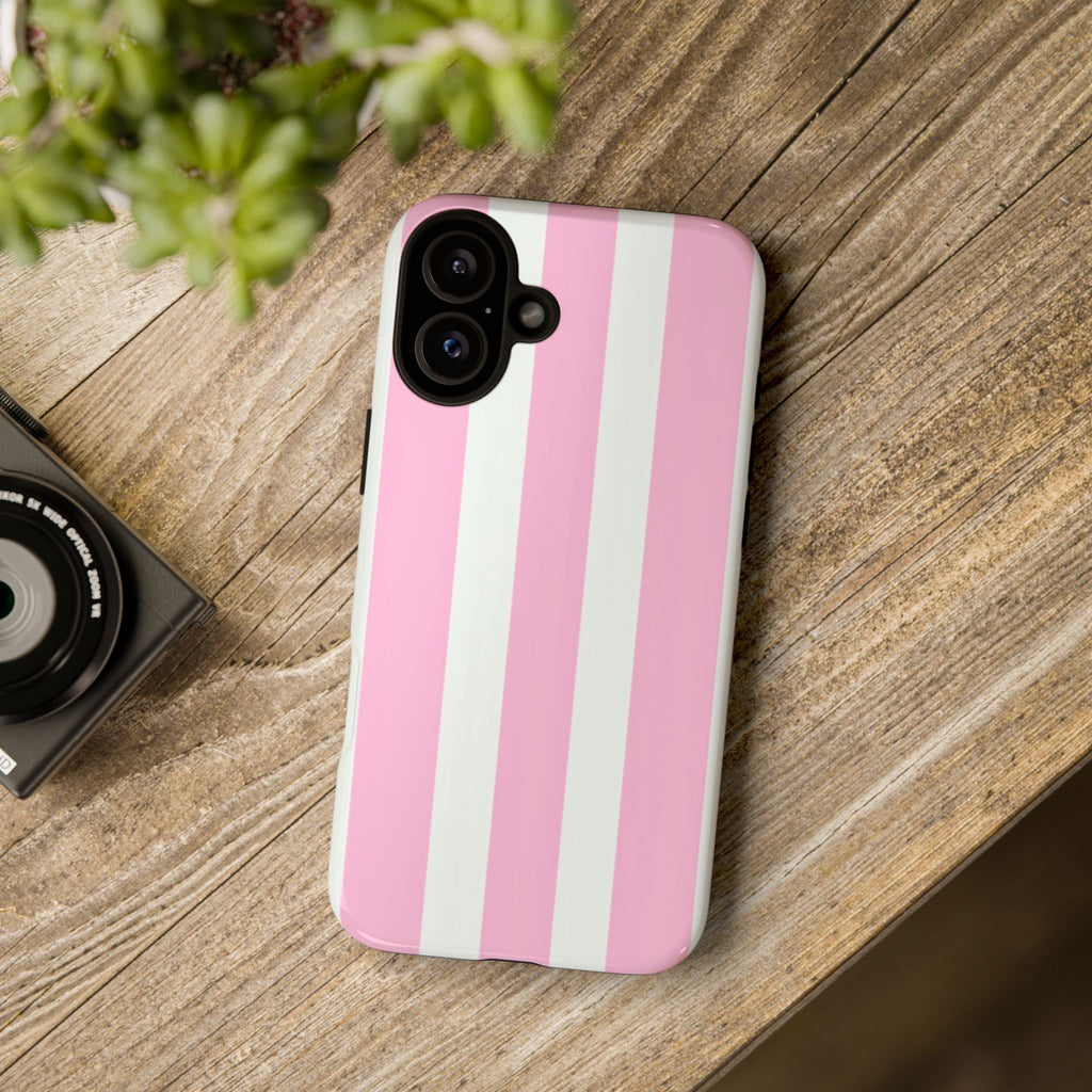 Pink & White Striped Tough Phone Case — Durable Protective Phone Cover