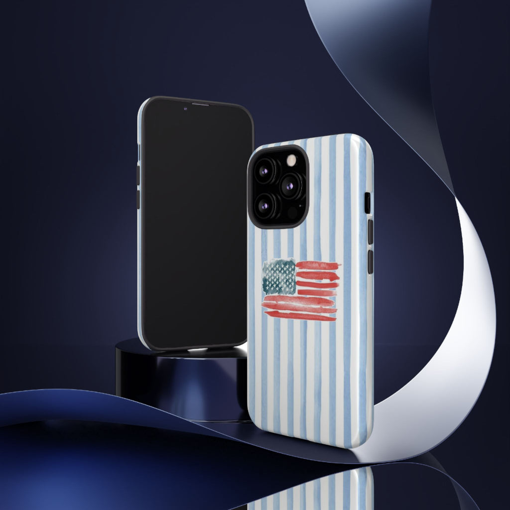 American Flag Watercolor Phone Case - Blue Stripe Tough Case