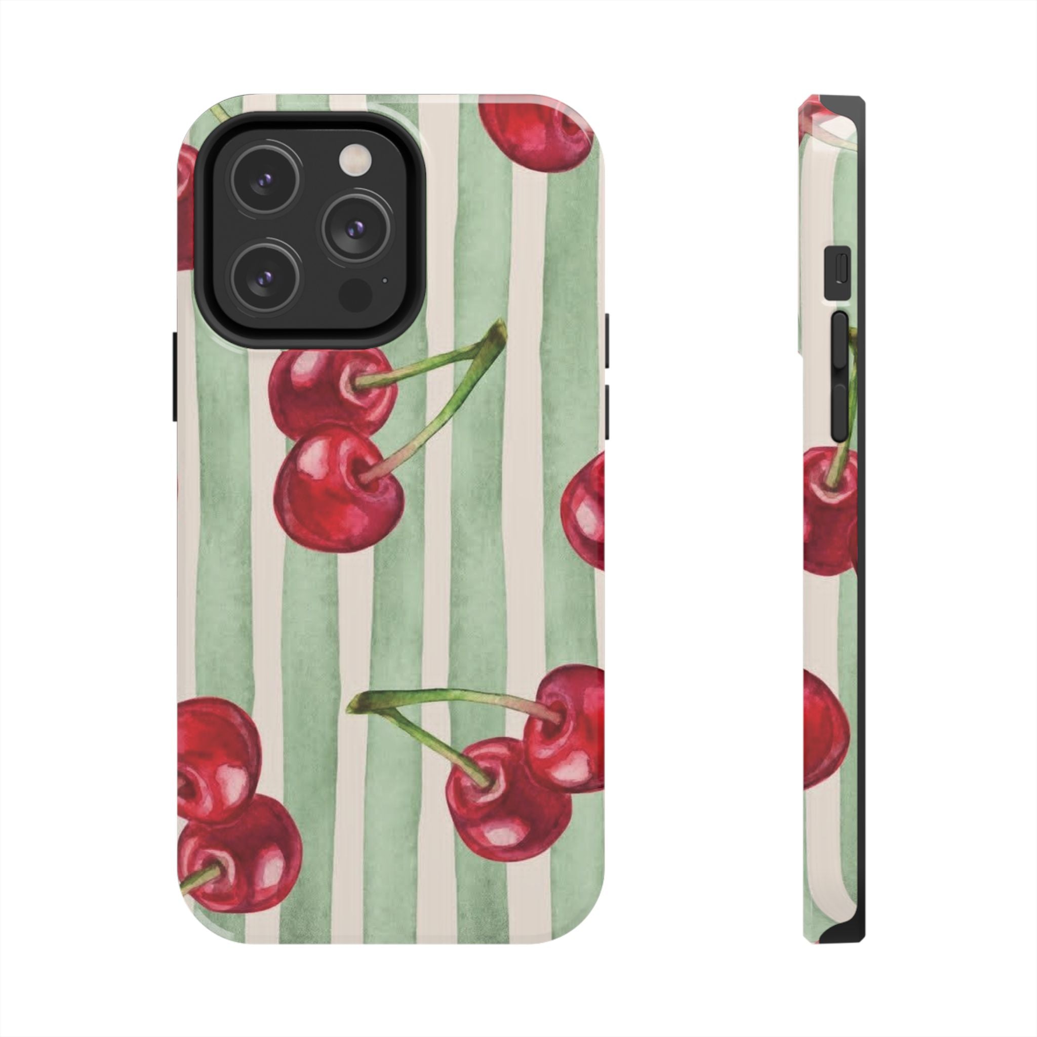 Cherry Stripe Tough Phone Case — Retro Watercolor Cherry Pattern Durable Phone Case