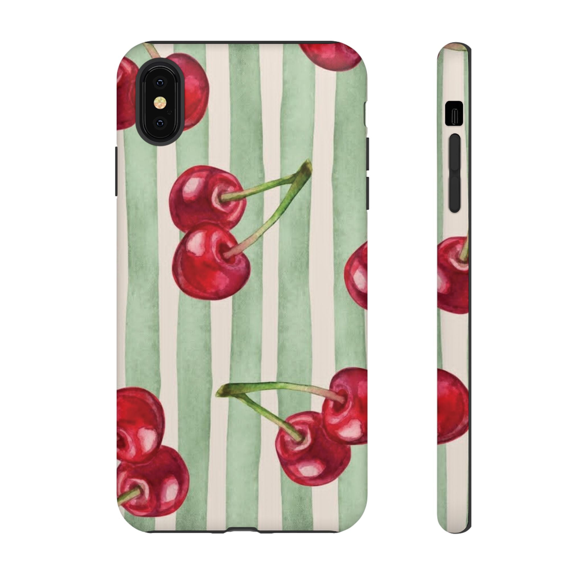 Cherry Stripe Phone Case – Retro Watercolor Cherries on Mint Stripes