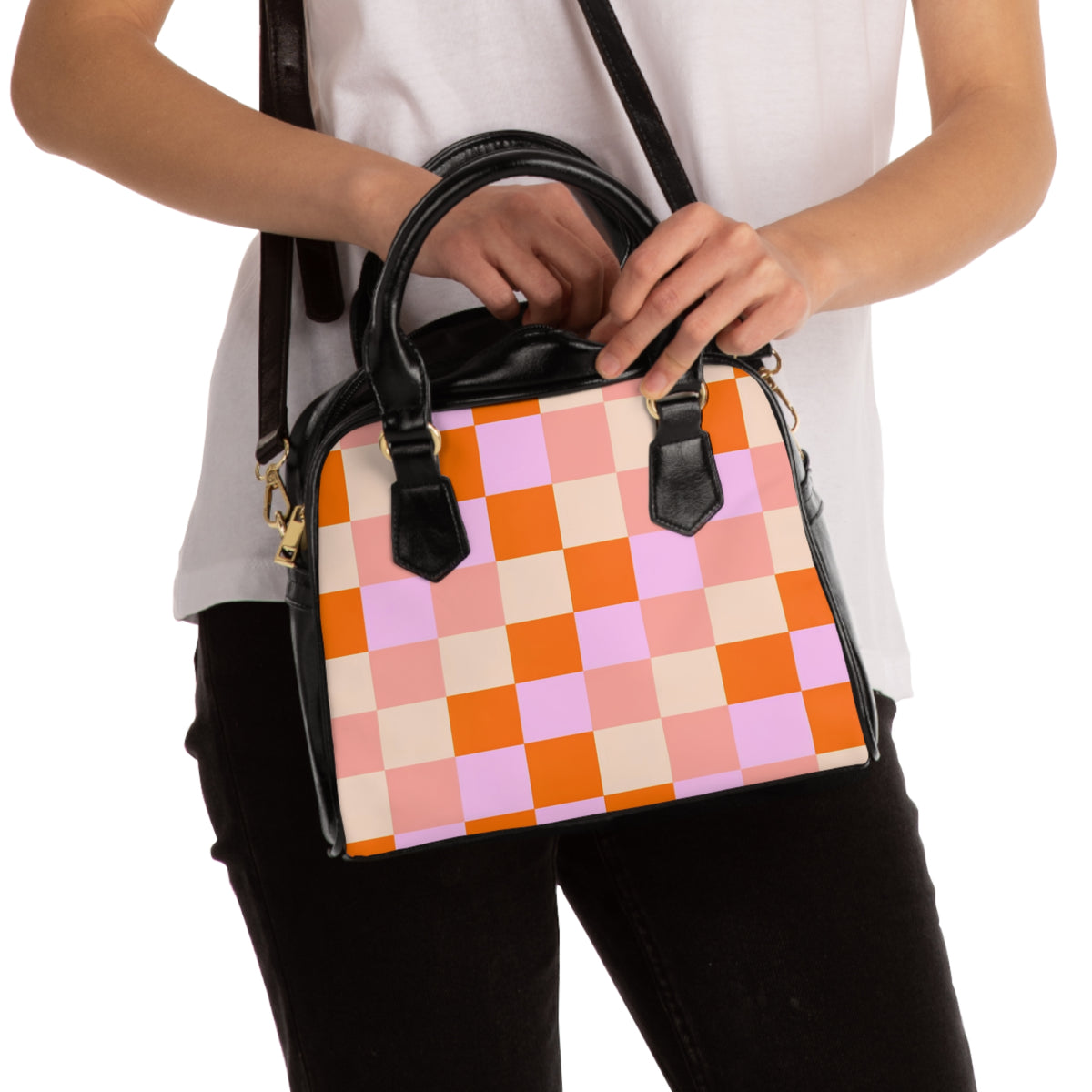 Pink and Orange Checkerboard Shoulder Handbag