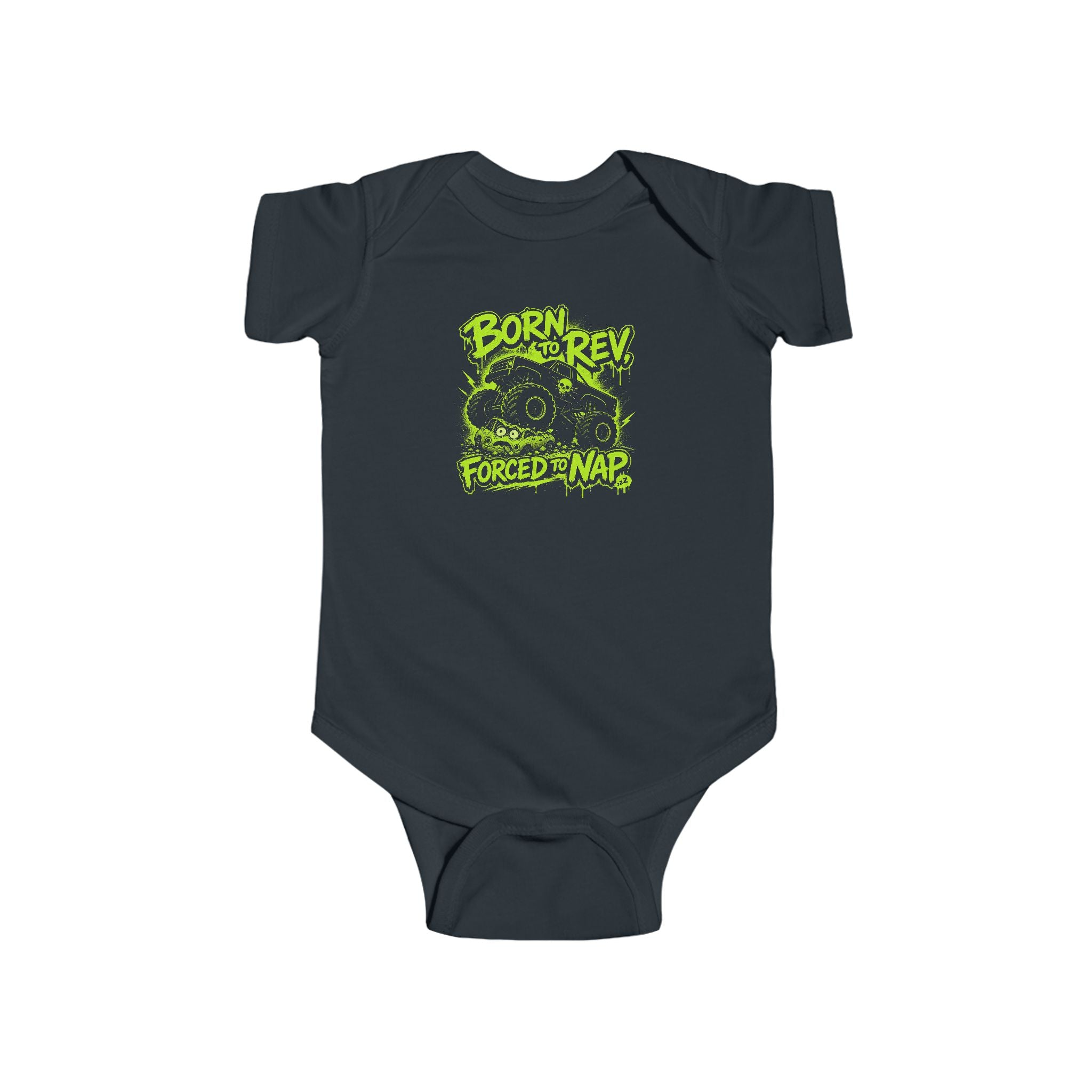 Born to Rev, Forced to Nap Infant Bodysuit — Neon Motorcycle Baby Onesie