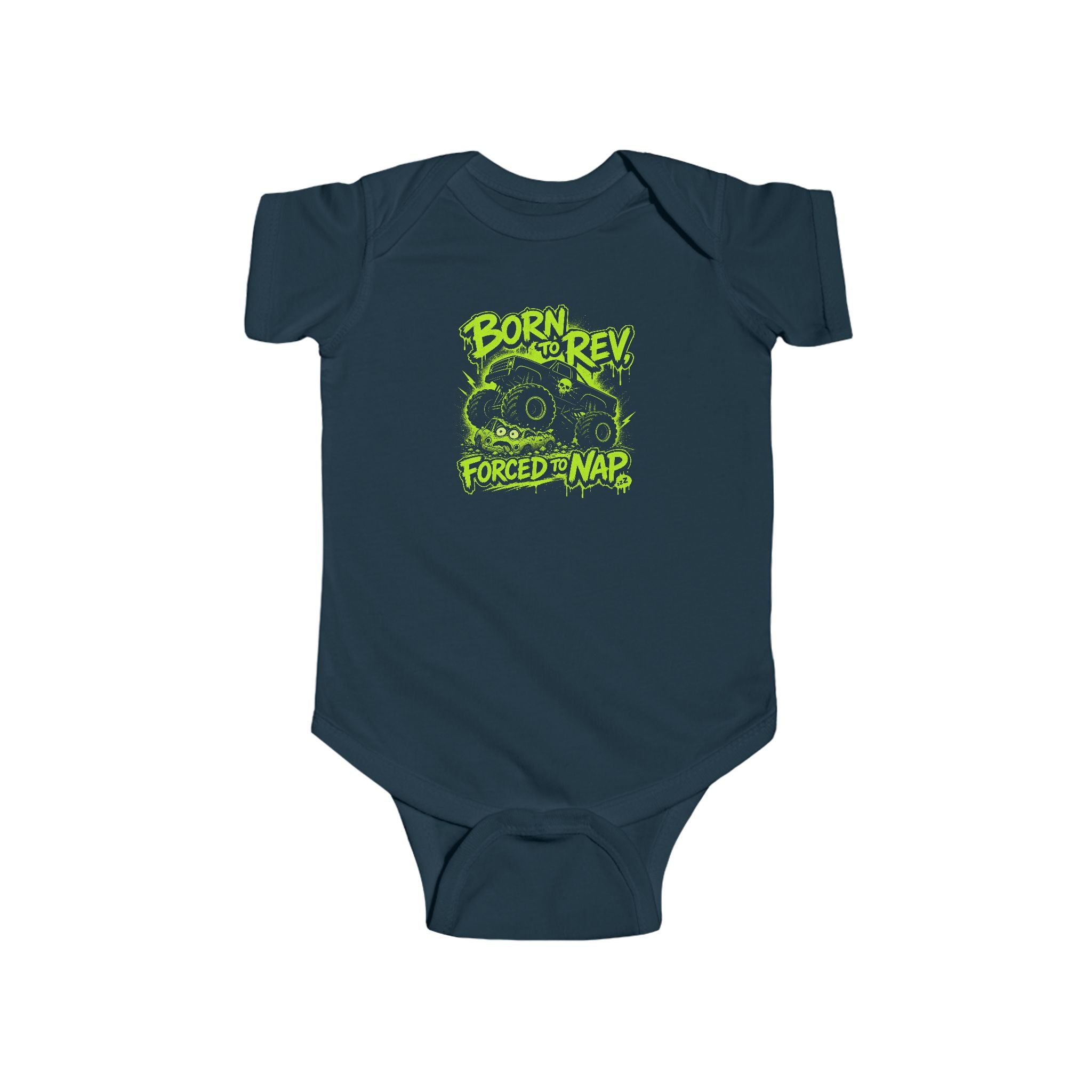 Born to Rev, Forced to Nap Infant Bodysuit — Neon Motorcycle Baby Onesie