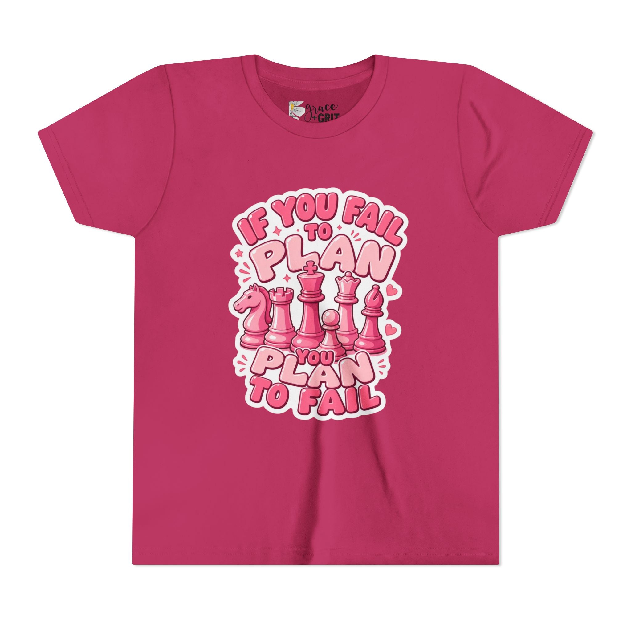 Youth Chess T‑Shirt — "If You Fail to Plan You Plan to Fail" Pink Chess Pieces Tee