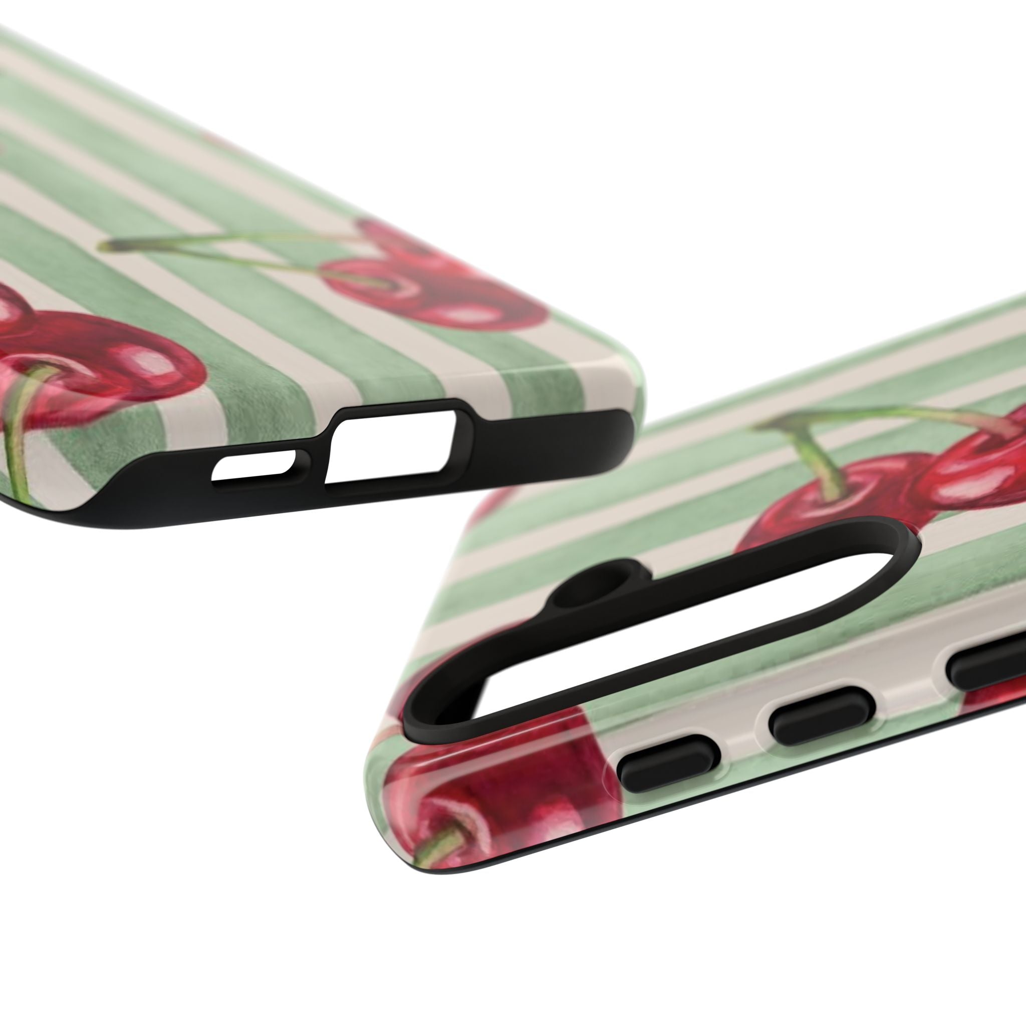 Cherry Stripe Phone Case – Retro Watercolor Cherries on Mint Stripes