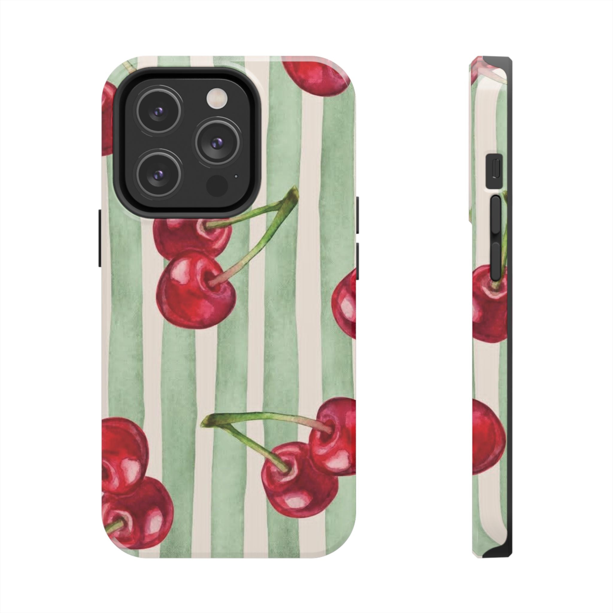 Cherry Stripe Tough Phone Case — Retro Watercolor Cherry Pattern Durable Phone Case