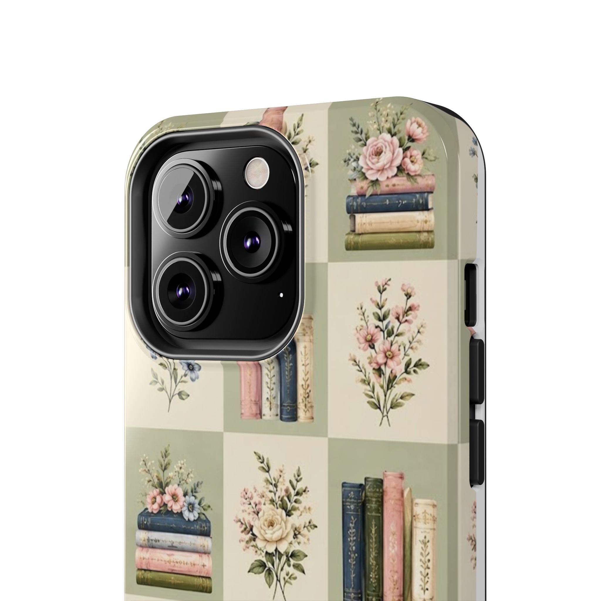 Floral Bookshelf Tough Phone Case — Vintage Floral & Stacked Books Pattern