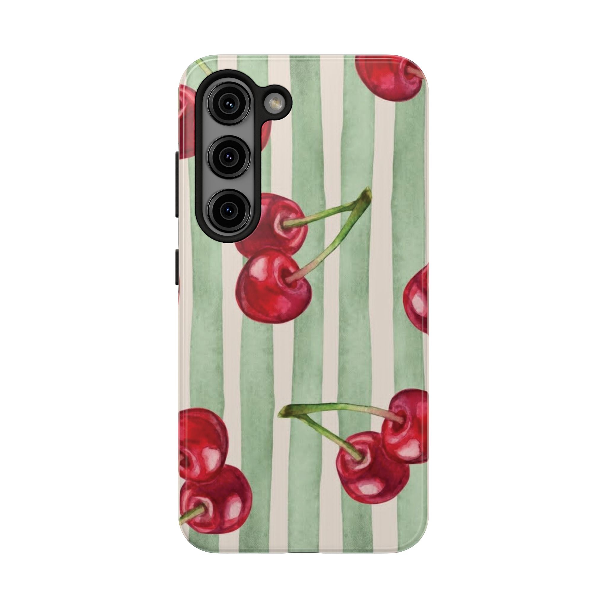 Cherry Stripe Tough Phone Case — Retro Watercolor Cherry Pattern Durable Phone Case