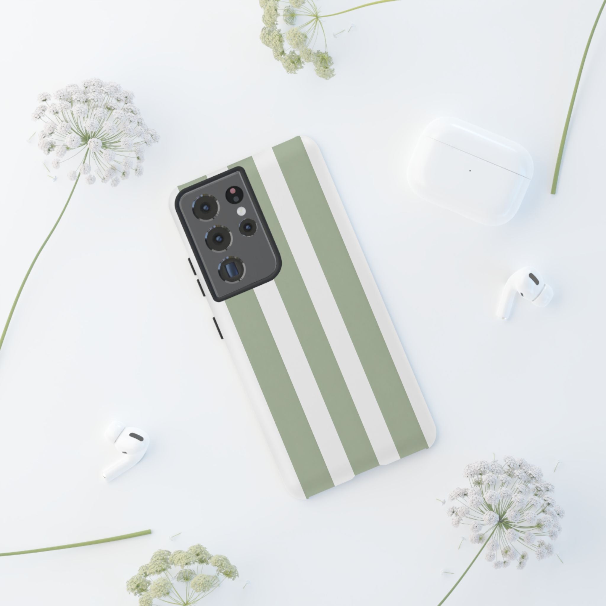 Striped Sage Tough Phone Case — Durable Green & White Vertical Stripe Phone Cover