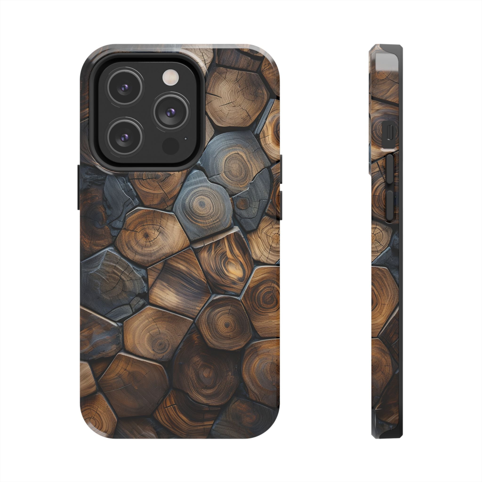 Woodgrain Hex Pattern Tough Phone Case — Rustic Log Cross-Section Design