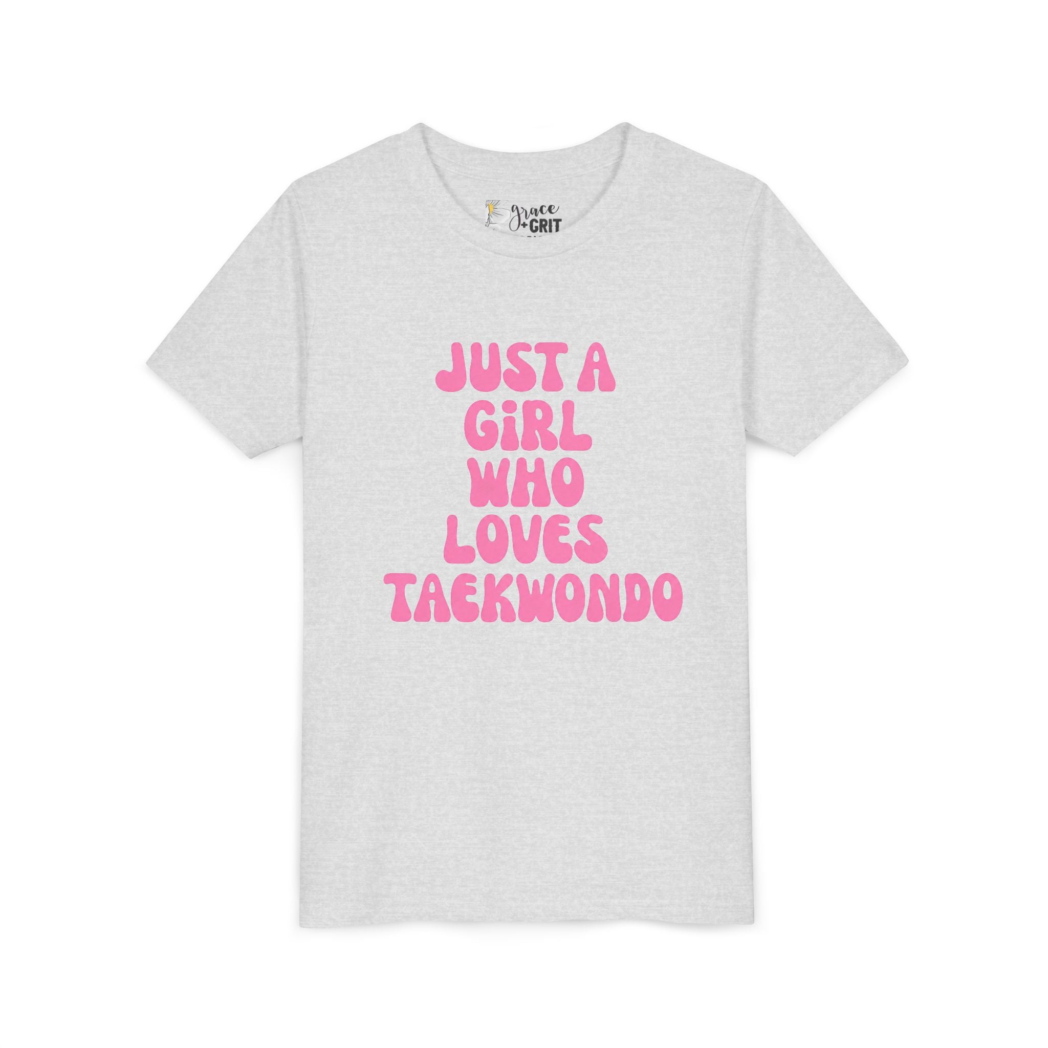 Just a Girl Who Loves Taekwondo Youth Tee | Pink Text Martial Arts Shirt