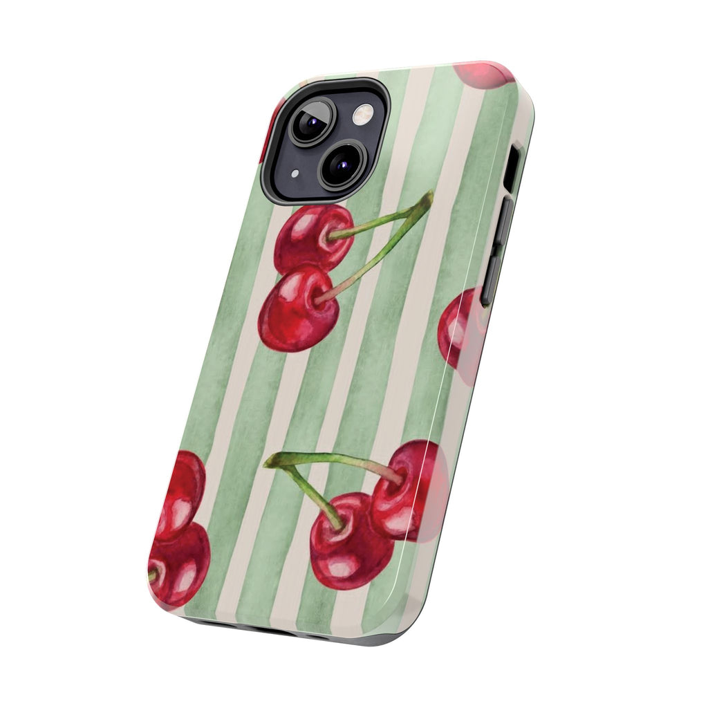 Cherry Stripe Tough Phone Case — Retro Watercolor Cherry Pattern Durable Phone Case