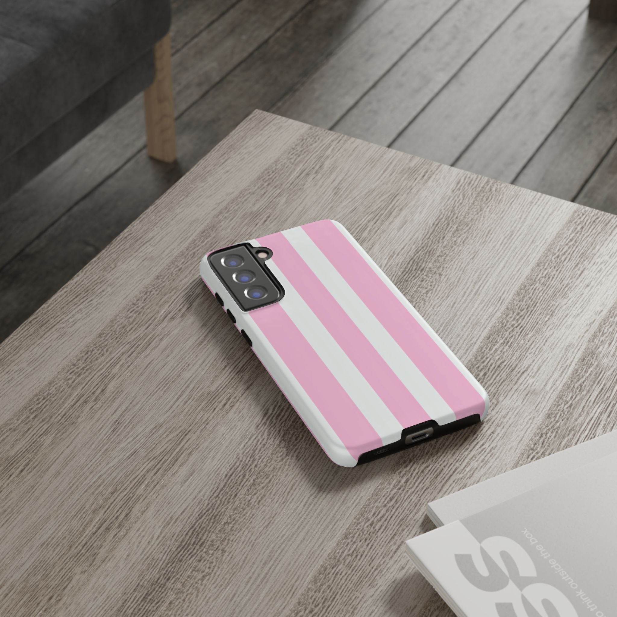 Pink & White Striped Tough Phone Case — Durable Protective Phone Cover